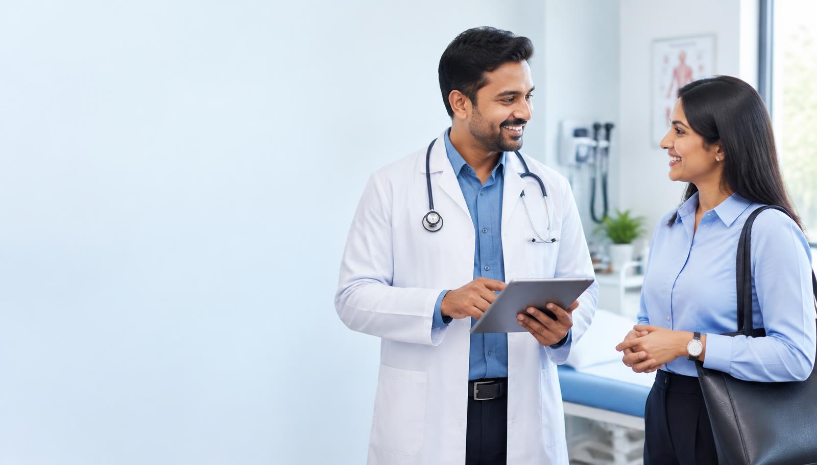 A doctor and pharmaceutical professional connecting at a modern clinic